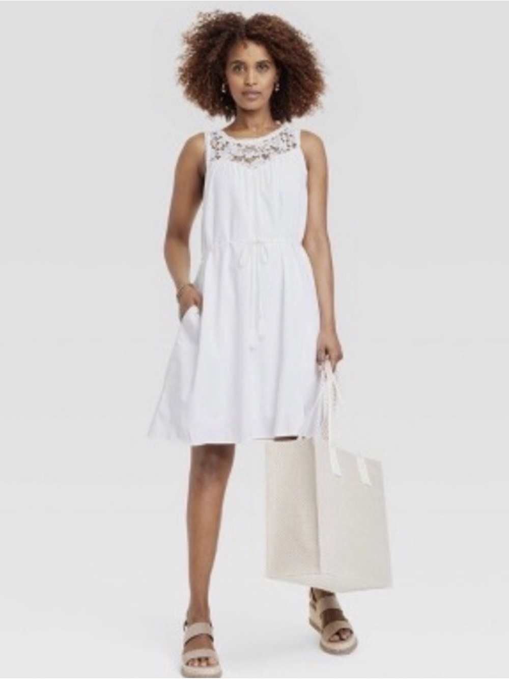 White Sleeveless Lace Yoke Summer Dress